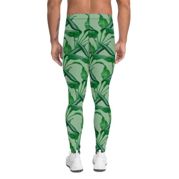 Green Tropical Men's Leggings, Tropical Leaves Print Designer Print Sexy Meggings Men's Workout Gym Tights Leggings, Men's Compression Tights Pants - Made in USA/ EU/ MX (US Size: XS-3XL) 