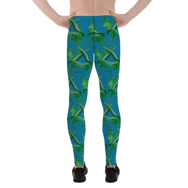 Green Blue Tropical Men's Leggings, Tropical Leaves Print Designer Print Sexy Meggings Men's Workout Gym Tights Leggings, Men's Compression Tights Pants - Made in USA/ EU/ MX (US Size: XS-3XL) 