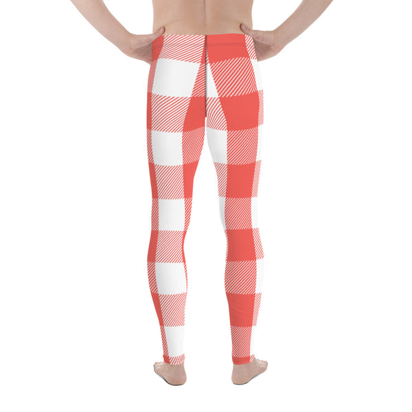 Red White Plaid Print Meggings, Faded Red and White Plaid Print Sexy Meggings Men's Workout Gym Tights Leggings, Men's Compression Tights Pants - Made in USA/ EU/ MX (US Size: XS-3XL) 