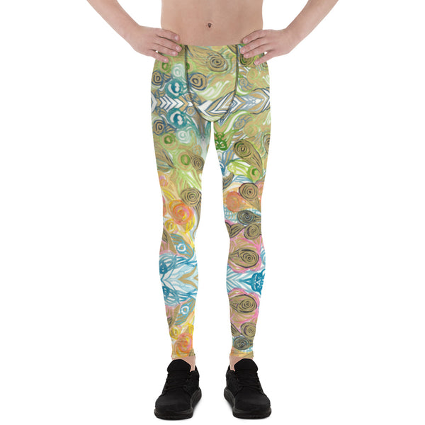 Japanese Waves Style Men's Leggings, Colorful Chic Boho Style Abstract Japanese Style Men's Leggings, Cute Abstract Waves Designer Print Sexy Meggings Men's Workout Gym Tights Leggings, Men's Compression Tights Pants - Made in USA/ EU/ MX (US Size: XS-3XL) 