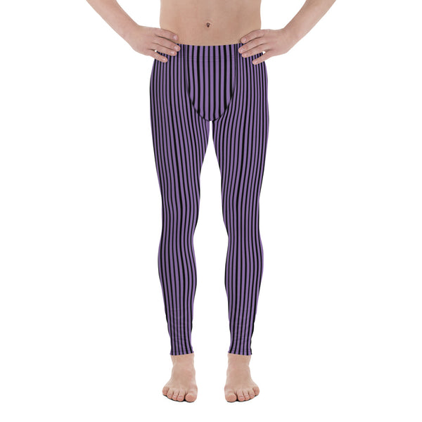 Purple Black Striped Men's Leggings, Modern Stripes Meggings Designer Print Sexy Meggings Men's Workout Gym Tights Leggings, Men's Compression Tights Pants - Made in USA/ EU/ MX (US Size: XS-3XL) 