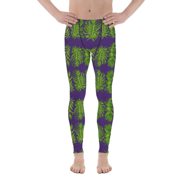 Purple Tropical Leaf Men's Leggings - Heidikimurart Limited  Purple Tropical Leaf Men's Leggings, Hawaiian Style Leaves Designer Print Sexy Meggings Men's Workout Gym Tights Leggings, Men's Compression Tights Pants - Made in USA/ EU/ MX (US Size: XS-3XL) 