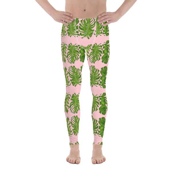 Pink Tropical Leaf Men's Leggings - Heidikimurart Limited  Pink Tropical Leaf Men's Leggings, Hawaiian Style Leaves Designer Print Sexy Meggings Men's Workout Gym Tights Leggings, Men's Compression Tights Pants - Made in USA/ EU/ MX (US Size: XS-3XL) 