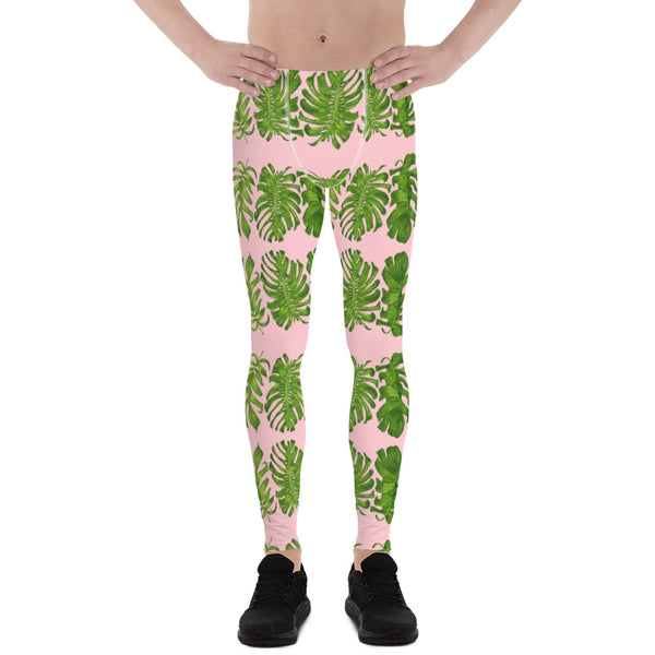 Pink Tropical Leaf Men's Leggings - Heidikimurart Limited  Pink Tropical Leaf Men's Leggings, Hawaiian Style Leaves Designer Print Sexy Meggings Men's Workout Gym Tights Leggings, Men's Compression Tights Pants - Made in USA/ EU/ MX (US Size: XS-3XL) 