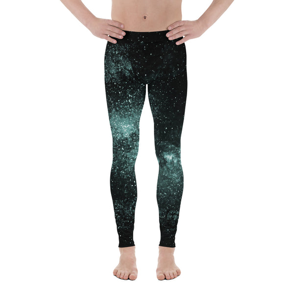 Green Black Galaxy Men's Leggings, Universe Abstract Style Men's Leggings, Comos Galaxy Milky Way Astrology Designer Print Sexy Meggings Men's Workout Gym Tights Leggings, Men's Compression Tights Pants - Made in USA/ EU/ MX (US Size: XS-3XL) 