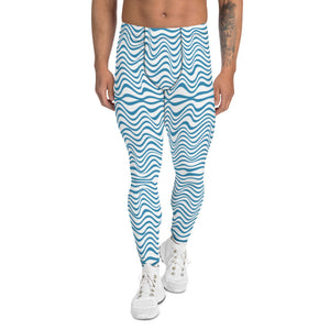 White Blue Curvy Men's Leggings, Great Wave Pattern Designer Print Sexy Meggings Men's Workout Gym Tights Leggings, Men's Compression Tights Pants - Made in USA/ EU/ MX (US Size: XS-3XL) Patterned Leggings For Men, Tights Workout, Men's Compression Pants, Mens Festival Leggings, Mens Leggings Fashion, Mens Tights