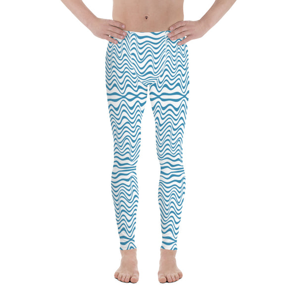 White Blue Curvy Men's Leggings, Great Wave Pattern Designer Print Sexy Meggings Men's Workout Gym Tights Leggings, Men's Compression Tights Pants - Made in USA/ EU/ MX (US Size: XS-3XL) Patterned Leggings For Men, Tights Workout, Men's Compression Pants, Mens Festival Leggings, Mens Leggings Fashion, Mens Tights