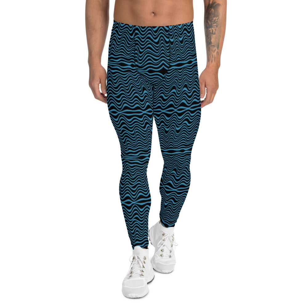Black Blue Curvy Men's Leggings, Great Wave Pattern Designer Print Sexy Meggings Men's Workout Gym Tights Leggings, Men's Compression Tights Pants - Made in USA/ EU/ MX (US Size: XS-3XL) Patterned Leggings For Men, Tights Workout, Men's Compression Pants, Mens Festival Leggings, Mens Leggings Fashion, Mens Tights