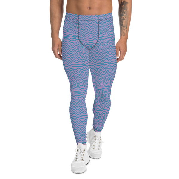 Purple Blue Curvy Men's Leggings, Great Wave Pattern Designer Print Sexy Meggings Men's Workout Gym Tights Leggings, Men's Compression Tights Pants - Made in USA/ EU/ MX (US Size: XS-3XL) Patterned Leggings For Men, Tights Workout, Men's Compression Pants, Mens Festival Leggings, Mens Leggings Fashion, Mens Tights