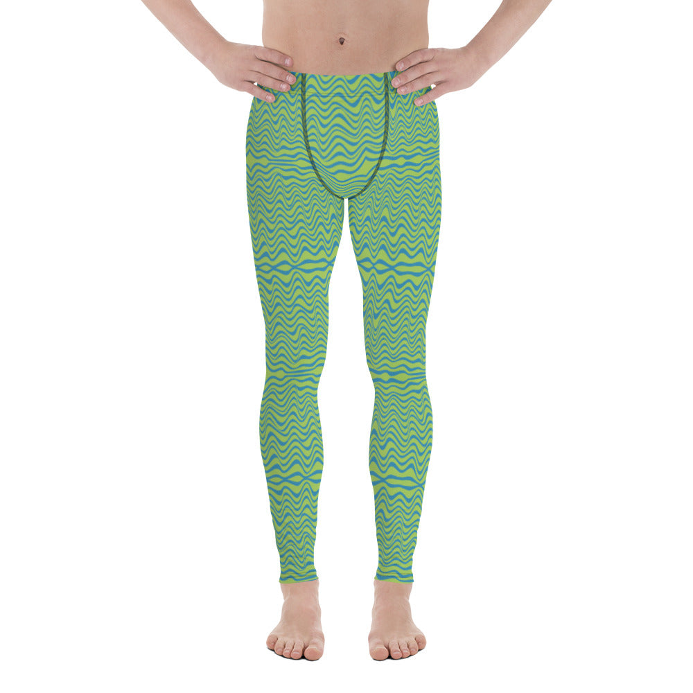 Green Blue Curvy Men's Leggings, Great Wave Pattern Designer Print Sexy Meggings Men's Workout Gym Tights Leggings, Men's Compression Tights Pants - Made in USA/ EU/ MX (US Size: XS-3XL) Patterned Leggings For Men, Tights Workout, Men's Compression Pants, Mens Festival Leggings, Mens Leggings Fashion, Mens Tights