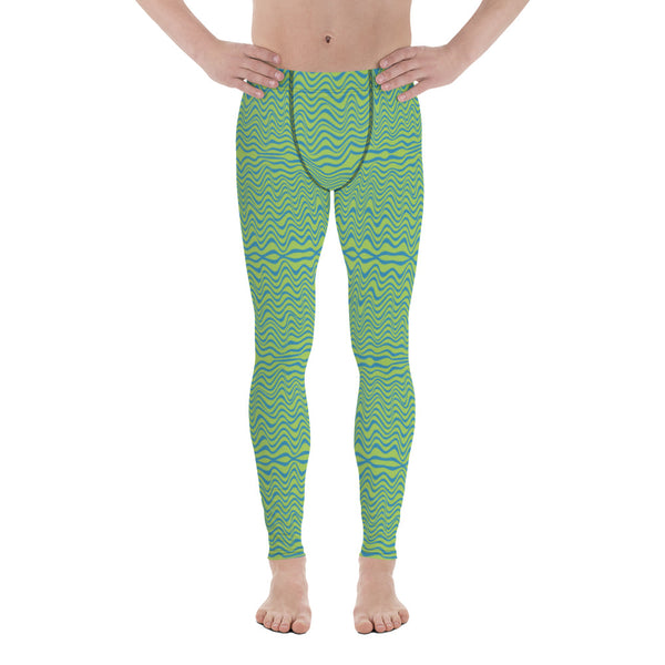 Green Blue Curvy Men's Leggings, Great Wave Pattern Designer Print Sexy Meggings Men's Workout Gym Tights Leggings, Men's Compression Tights Pants - Made in USA/ EU/ MX (US Size: XS-3XL) Patterned Leggings For Men, Tights Workout, Men's Compression Pants, Mens Festival Leggings, Mens Leggings Fashion, Mens Tights