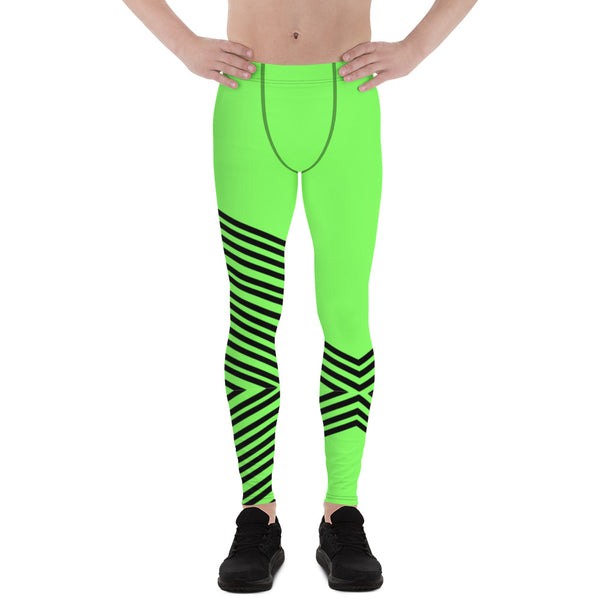 Green Striped Men's Leggings, Vertical Stripes Circus Designer Print Sexy Meggings Men's Workout Gym Tights Leggings, Men's Compression Tights Pants - Made in USA/ EU/ MX (US Size: XS-3XL) 