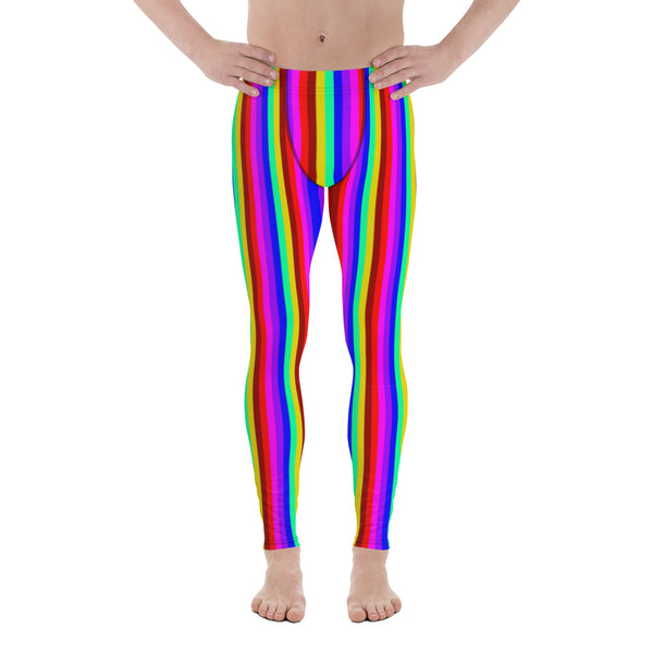 Gay Pride Rainbow Men's Leggings, Colorful Gay Pride Designer Festival Vertical Stripes Circus Designer Print Sexy Meggings Men's Workout Gym Tights Leggings, Men's Compression Tights Pants - Made in USA/ EU/ MX (US Size: XS-3XL) 