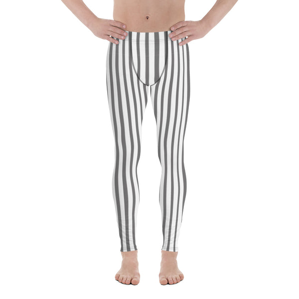 White Gray Vertical Striped Meggings, White and Gray Vertical Striped Men's Running Leggings & Run Tights Meggings Activewear, Costume Leggings, Men's Compression Pants - Made in USA/ Europe (US Size: XS-3XL)