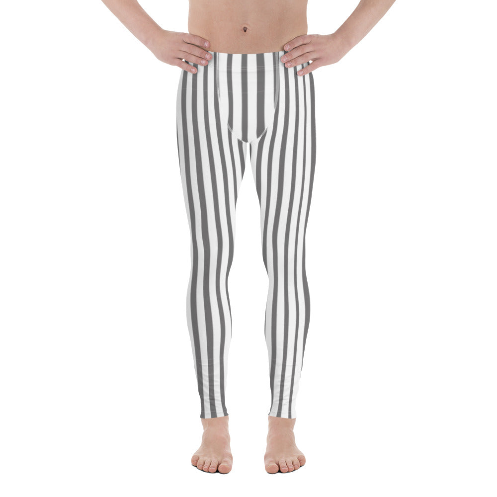 White Gray Vertical Striped Meggings, White and Gray Vertical Striped Men's Running Leggings & Run Tights Meggings Activewear, Costume Leggings, Men's Compression Pants - Made in USA/ Europe (US Size: XS-3XL)