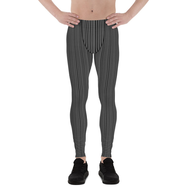 Black Gray Vertical Striped Meggings, Charcoal Gray Vertically Striped Meggings, Vertical Striped Men's Running Leggings & Run Tights Meggings Activewear, Costume Leggings, Men's Compression Pants - Made in USA/ Europe (US Size: XS-3XL)