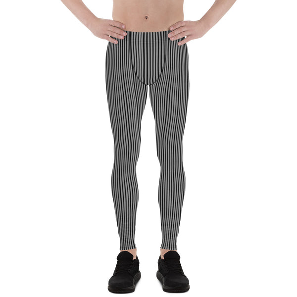 Black Gray Vertical Striped Meggings, Black and Gray Vertical Striped Men's Running Leggings & Run Tights Meggings Activewear, Costume Leggings, Men's Compression Pants - Made in USA/ Europe (US Size: XS-3XL)