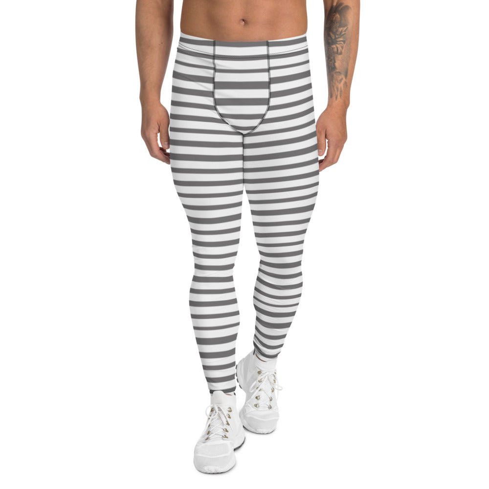 Grey Striped Men's Leggings, Best Modern Stripes Meggings, Grey Horizontally Striped Men's Leggings, Modern Stripes Designer Print Sexy Meggings Men's Workout Gym Tights Leggings, Men's Compression Tights Pants - Made in USA/ EU/ MX (US Size: XS-3XL) 