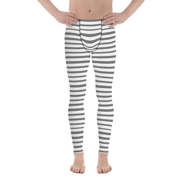 Grey Striped Men's Leggings, Best Modern Stripes Meggings, Grey Horizontally Striped Men's Leggings, Modern Stripes Designer Print Sexy Meggings Men's Workout Gym Tights Leggings, Men's Compression Tights Pants - Made in USA/ EU/ MX (US Size: XS-3XL) 
