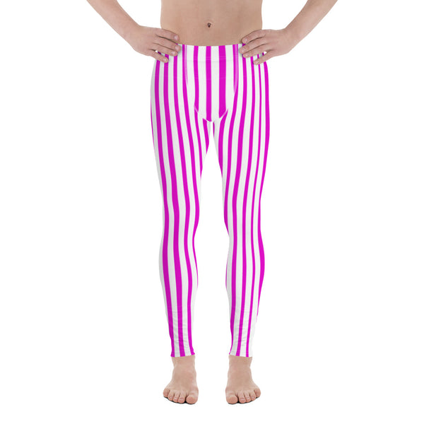 Pink Striped Men's Leggings, Vertical Stripes Modern Stripes Designer Print Sexy Meggings Men's Workout Gym Tights Leggings, Men's Compression Tights Pants - Made in USA/ EU/ MX (US Size: XS-3XL) 