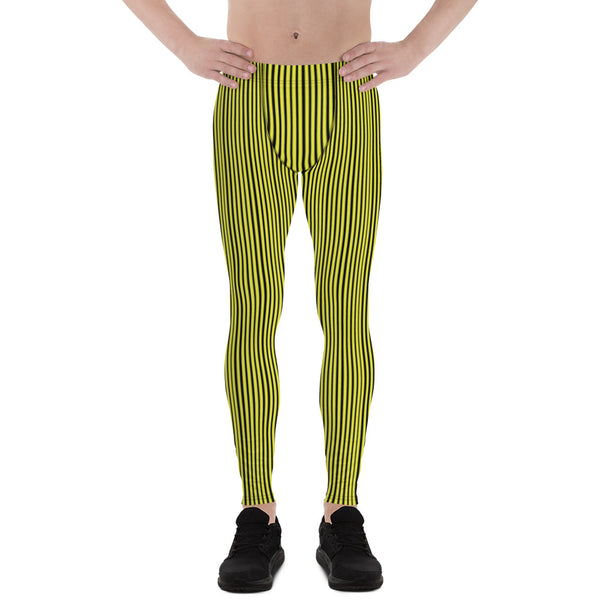 Black Yellow Men's Leggings, Vertically Striped Circus Designer Modern Print Sexy Meggings Men's Workout Gym Tights Leggings, Men's Compression Tights Pants - Made in USA/ EU/ MX (US Size: XS-3XL) 
