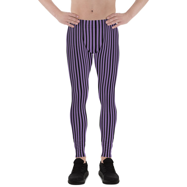Purple Vertically Striped Men's Leggings, Purple Black Modern Stripes Designer Print Sexy Meggings Men's Workout Gym Tights Leggings, Men's Compression Tights Pants - Made in USA/ EU/ MX (US Size: XS-3XL) 