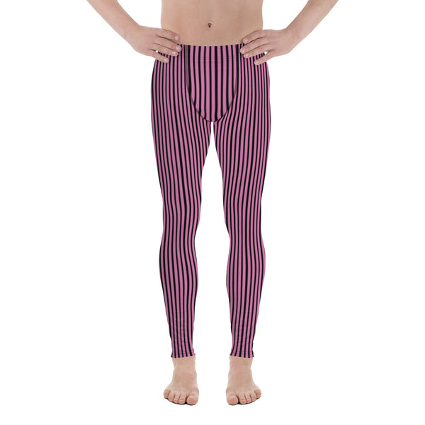 Pink Striped Men's Leggings, Modern Black and Pink Vertically Stripes Leggings, Modern Stripes Designer Print Sexy Meggings Men's Workout Gym Tights Leggings, Men's Compression Tights Pants - Made in USA/ EU/ MX (US Size: XS-3XL) 