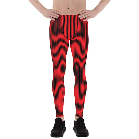 Red Vertically Striped Men's Leggings, Red Black Modern Stripes Designer Print Sexy Meggings Men's Workout Gym Tights Leggings, Men's Compression Tights Pants - Made in USA/ EU/ MX (US Size: XS-3XL) 