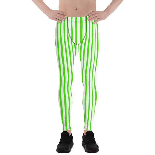 Green Striped Men's Leggings, White Green Vertical Stripes Circus Designer Modern Print Sexy Meggings Men's Workout Gym Tights Leggings, Men's Compression Tights Pants - Made in USA/ EU/ MX (US Size: XS-3XL) 