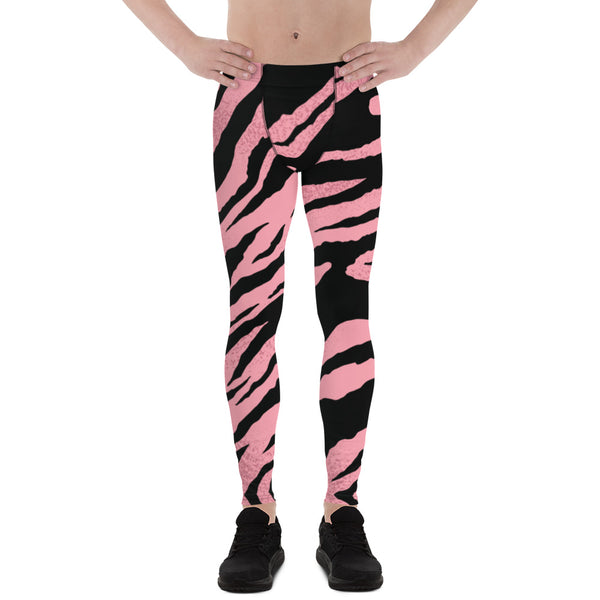 Pink Zebra Striped Men's Leggings, Modern Stripes Animal Print Modern Stripes Designer Print Sexy Meggings Men's Workout Gym Tights Leggings, Men's Compression Tights Pants - Made in USA/ EU/ MX (US Size: XS-3XL) 