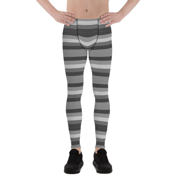 Grey Horizontally Striped Men's Leggings, Modern Stripes Designer Print Sexy Meggings Men's Workout Gym Tights Leggings, Men's Compression Tights Pants - Made in USA/ EU/ MX (US Size: XS-3XL) 
