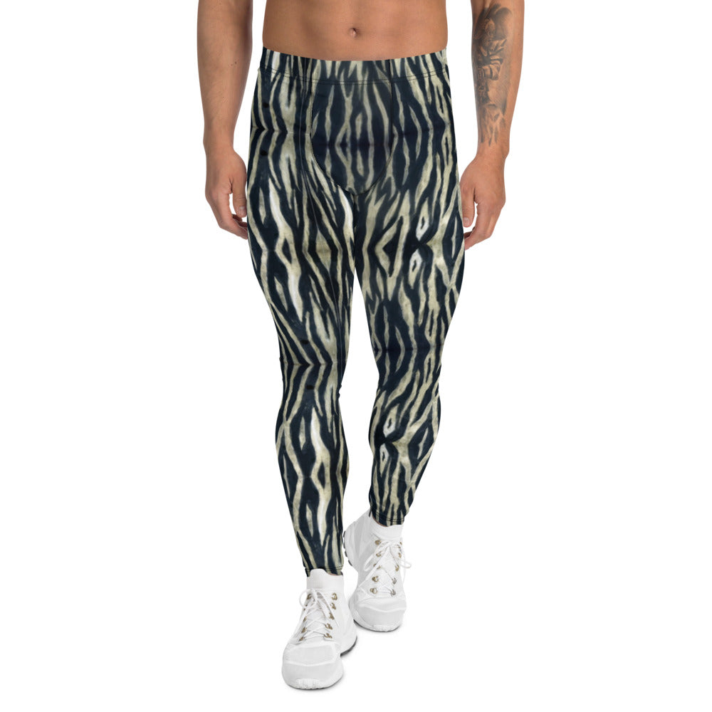 Black White Tiger Men's Leggings, Animal Stripes Print Designer ...