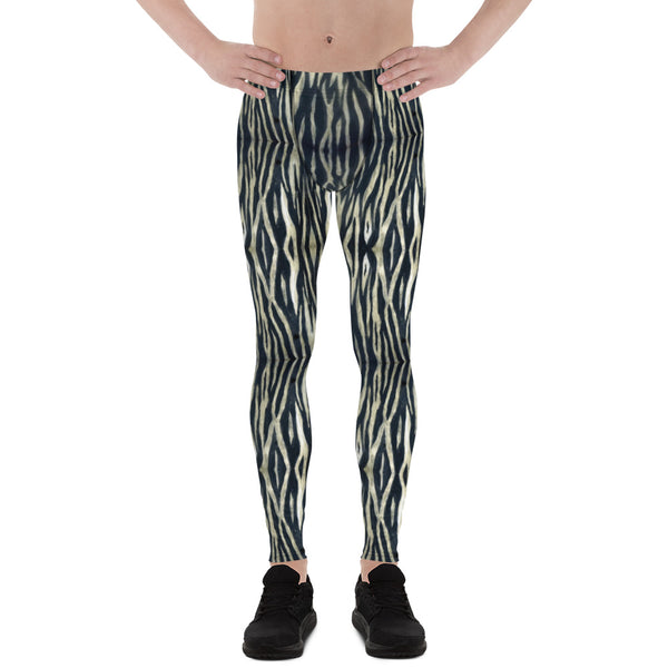 Black White Tiger Men's Leggings, Animal Stripes Print Designer Modern Print Sexy Meggings Men's Workout Gym Tights Leggings, Men's Compression Tights Pants - Made in USA/ EU/ MX (US Size: XS-3XL) 