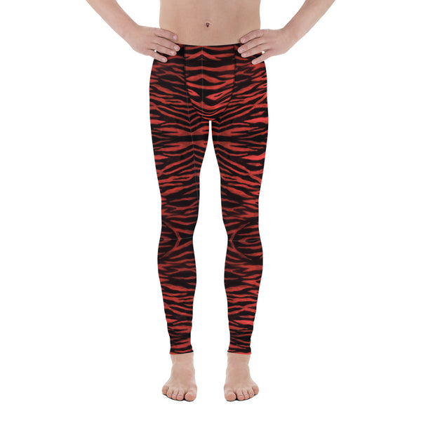 Red Tiger Striped Men's Leggings, Tiger Stripes Animal Print Sexy Meggings Men's Workout Gym Tights Leggings, Men's Compression Tights Pants - Made in USA/ EU/ MX (US Size: XS-3XL) 