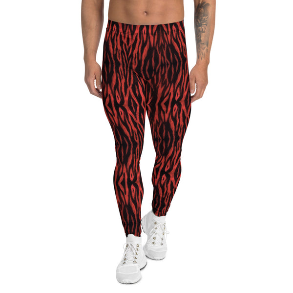 Red Tiger Men's Leggings, Tiger Stripe Animal Print Cool Modern Meggings, Men's Leggings Tights Pants - Made in USA/EU (US Size: XS-3XL) Sexy Meggings Men's Workout Gym Tights Leggings