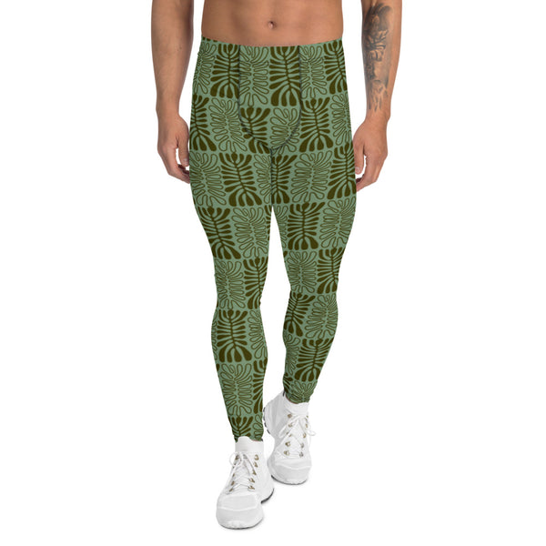 Green Floral Patterned Men's Leggings, Tropical Floral Print Best Premium Workout Modern Meggings, Men's Leggings Tights Pants - Made in USA/EU/ Mexico (US Size: XS-3XL) Sexy Meggings Men's Workout Gym Tights Leggings