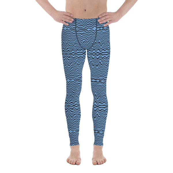 Blue Curvy Men's Leggings, Black and Blue Great Wave Pattern Designer Print Sexy Meggings Men's Workout Gym Tights Leggings, Men's Compression Tights Pants - Made in USA/ EU/ MX (US Size: XS-3XL) Patterned Leggings For Men, Tights Workout, Men's Compression Pants, Mens Festival Leggings, Mens Leggings Fashion, Mens Tights