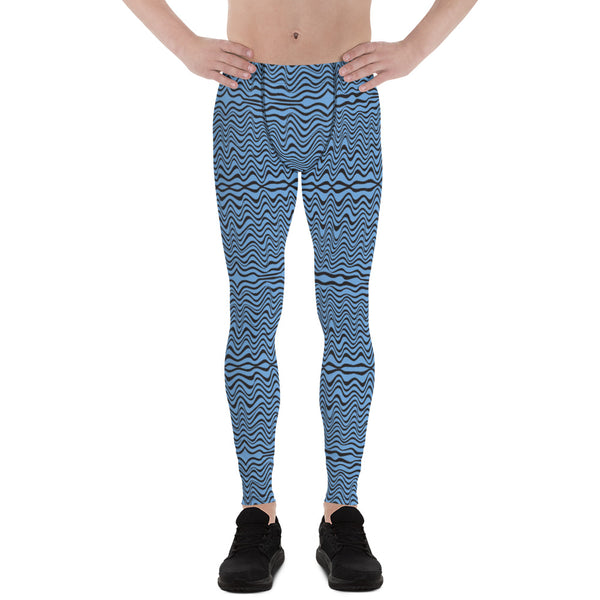 Blue Curvy Men's Leggings, Black and Blue Great Wave Pattern Designer Print Sexy Meggings Men's Workout Gym Tights Leggings, Men's Compression Tights Pants - Made in USA/ EU/ MX (US Size: XS-3XL) Patterned Leggings For Men, Tights Workout, Men's Compression Pants, Mens Festival Leggings, Mens Leggings Fashion, Mens Tights