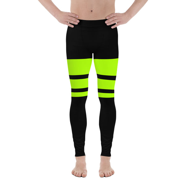 Black Neon Striped Men's Leggings, Best Premium Workout Modern Minimalist Striped Solid Color Modern Meggings, Men's Leggings Tights Pants - Made in USA/EU/ Mexico (US Size: XS-3XL) Sexy Meggings Men's Workout Gym Tights Leggings