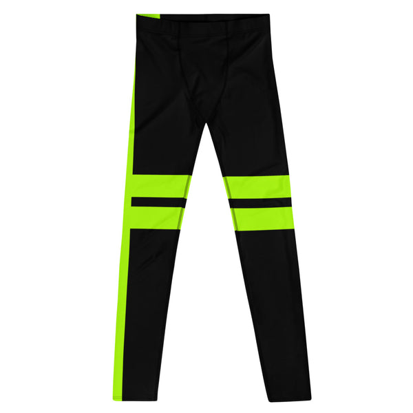 Black Green Neon Men's Leggings, Modern Minimalist Striped Solid Color Modern Meggings, Men's Leggings Tights Pants - Made in USA/EU/ Mexico (US Size: XS-3XL) Sexy Meggings Men's Workout Gym Tights Leggings