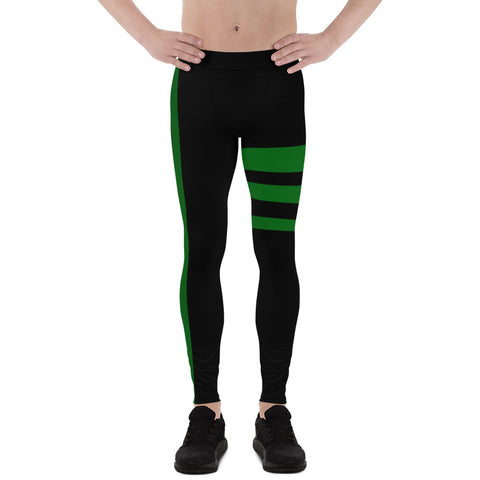 Black Green Striped Men's Leggings, Modern Minimalist Striped Solid Color Modern Meggings, Men's Leggings Tights Pants - Made in USA/EU/ Mexico (US Size: XS-3XL) Sexy Meggings Men's Workout Gym Tights Leggings