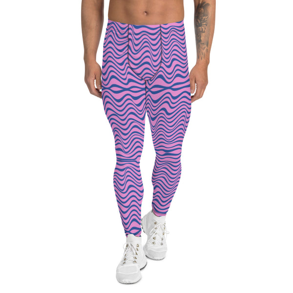 Pink Blue Wavy Men's Leggings, Wavy Curves Men Compression Tights-Made in USA/EU/MX