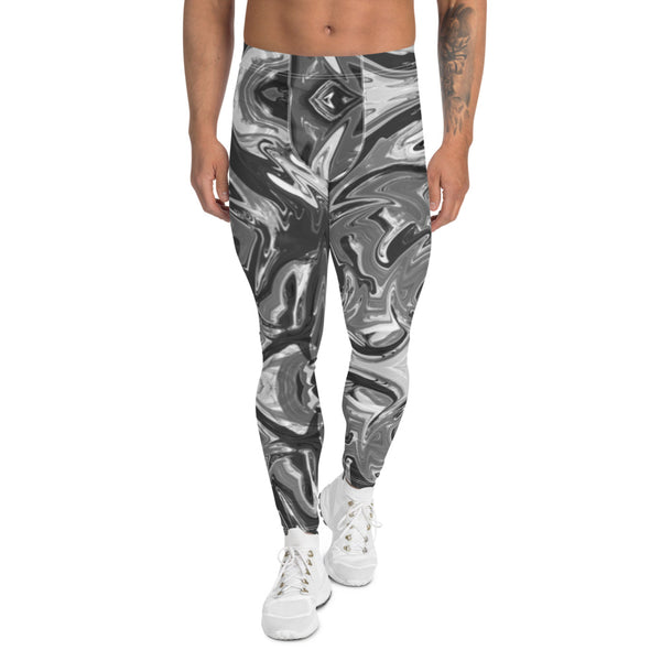 Grey Marble Print Men's Leggings, Grey White Marbled Pattern Tights For Men, Abstract Marble Print Premium Meggings Best Men Tights Men's Leggings Compression Tights Pants - Made in USA/EU/MX (US Size: XS-3XL) Sexy Meggings Men's Workout Gym Tights Leggings