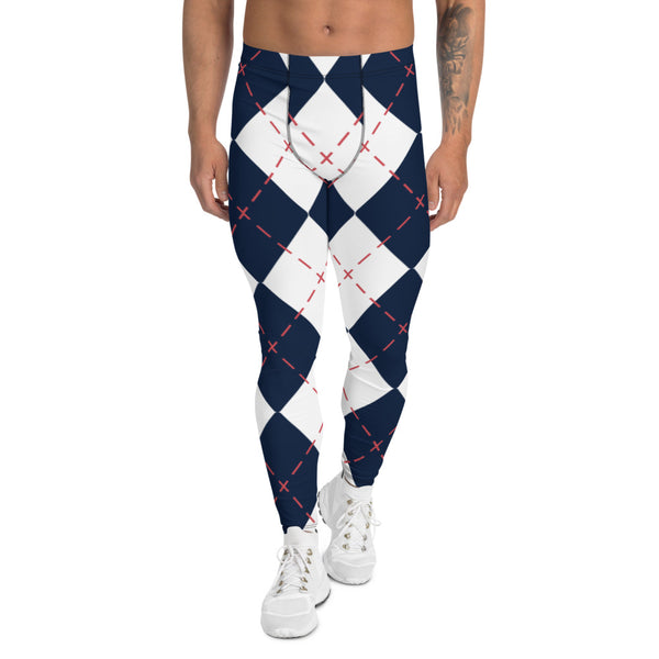 Blue White Plaid Men's Leggings, Tartan Plaid Print Abstract Meggings Compression Men's Leggings Tights Pants - Made in USA/MX/EU (US Size: XS-3XL) Sexy Meggings Men's Workout Gym Running Tights Leggings, Compression Active Wear Sports Tights