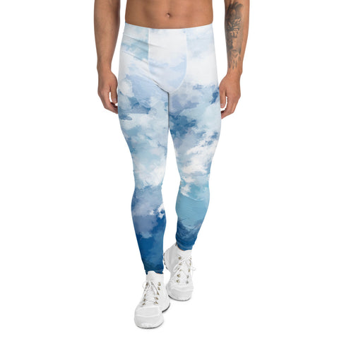 Blue Abstract Best Men's Leggings, Blue Clouds Cute Abstract Designer Print Sexy Meggings Men's Workout Gym Tights Leggings, Men's Compression Tights Pants - Made in USA/ EU/ MX (US Size: XS-3XL) 