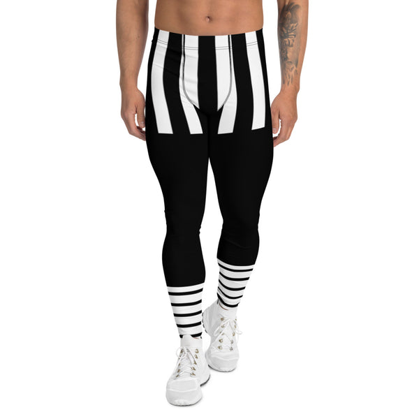 Black Striped Best Men's Leggings, Vertical Striped Black White Best Men's Leggings Compression Tights For Men, Sexy Meggings Men's Workout Gym Tights Leggings, Men's Compression Tights Pants - Made in USA/ EU/ MX (US Size: XS-3XL) 