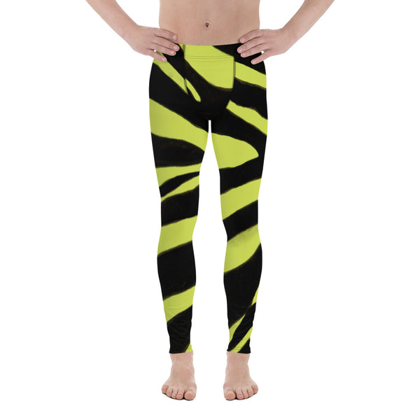 Yellow Zebra Men's Leggings, Yellow and Black Best Zebra Striped Animal Print Designer Print Sexy Meggings Men's Workout Gym Tights Leggings, Men's Compression Tights Pants - Made in USA/ EU/ MX (US Size: XS-3XL) 