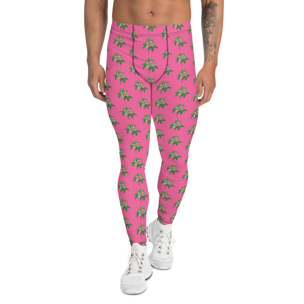 Pink Green Floral Men's Leggings, Best Floral Mens Leggings Flower Meggings, Designer Print Sexy Meggings Men's Workout Gym Tights Leggings, Men's Compression Tights Pants - Made in USA/ EU/ MX (US Size: XS-3XL) 