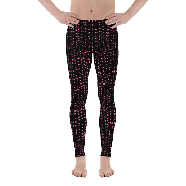 Pink Meshed Abstract Men's Leggings, Black Pink Abstract Best Modern Minimalist Premium Designer Print Sexy Meggings Men's Workout Gym Tights Leggings, Men's Compression Tights Pants - Made in USA/ EU/ MX (US Size: XS-3XL) 