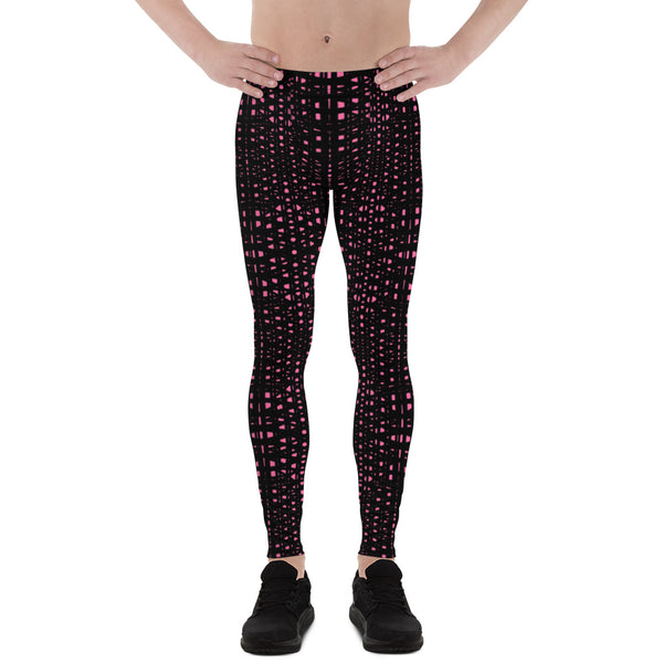 Pink Meshed Abstract Men's Leggings, Black Pink Abstract Best Modern Minimalist Premium Designer Print Sexy Meggings Men's Workout Gym Tights Leggings, Men's Compression Tights Pants - Made in USA/ EU/ MX (US Size: XS-3XL) 